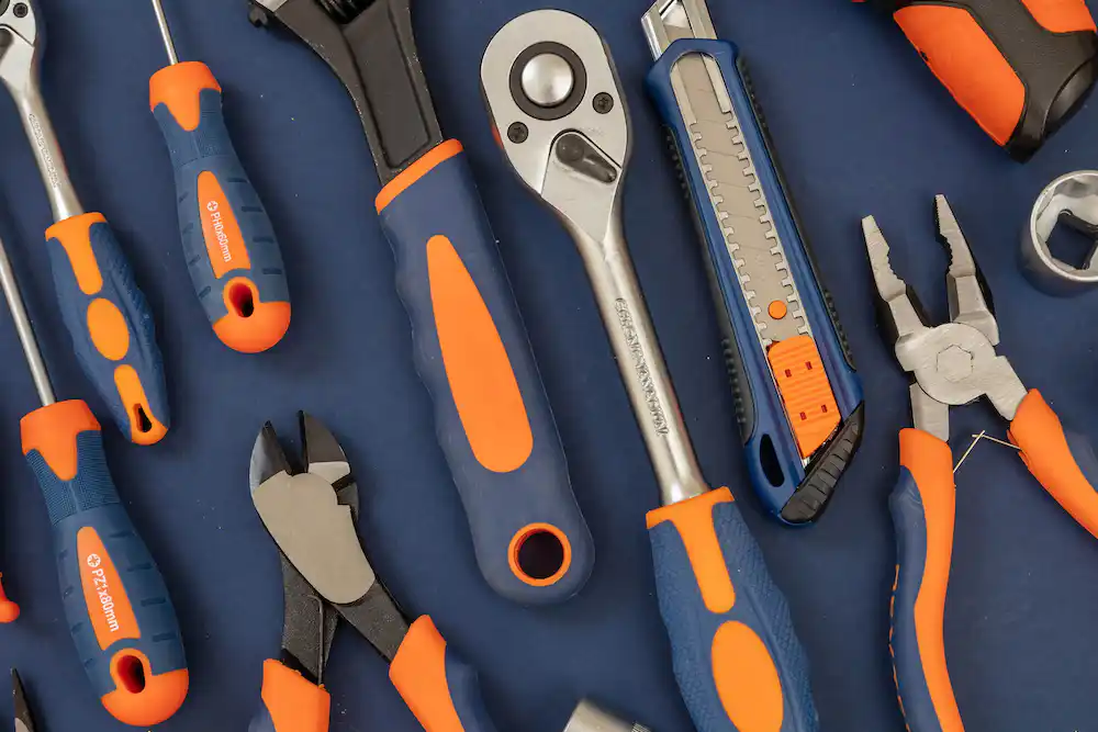 Professional hand tools with orange and blue handles